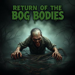 A horror movie poster titled 'Return of the Bog Bodies', featuring a terrifying zombie emerging from a dark, murky peat bog