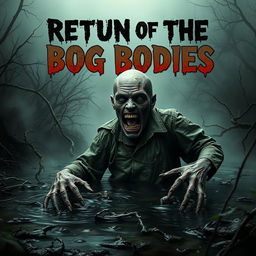 A horror movie poster titled 'Return of the Bog Bodies', featuring a terrifying zombie emerging from a dark, murky peat bog