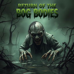 A horror movie poster titled 'Return of the Bog Bodies', featuring a terrifying zombie emerging from a dark, murky peat bog