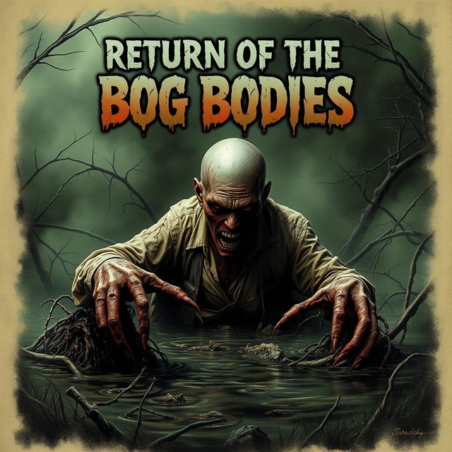 A horror movie poster titled 'Return of the Bog Bodies', featuring a terrifying zombie emerging from a dark, murky peat bog