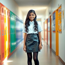 A young Indian girl, aged 15, dressed in a stylish school uniform that features a sleek leather mini skirt paired with a crisp white blouse