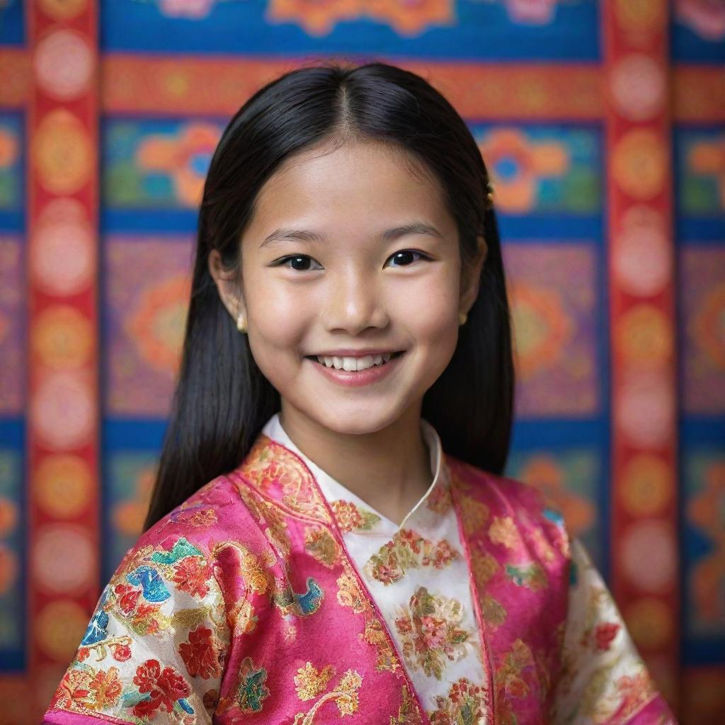 Portrait of a young Asian girl with traditional attire, smiling brightly towards the camera, her dark hair mid-length and shining, all on a vibrant, cultural backdrop.