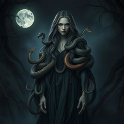 A hyper-realistic horror fantasy portrayal of a woman surrounded by a multitude of serpents