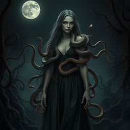 A hyper-realistic horror fantasy portrayal of a woman surrounded by a multitude of serpents