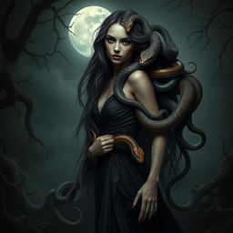 A hyper-realistic horror fantasy portrayal of a woman surrounded by a multitude of serpents