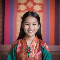 Portrait of a young Asian girl with traditional attire, smiling brightly towards the camera, her dark hair mid-length and shining, all on a vibrant, cultural backdrop.