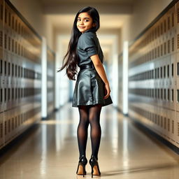 A young Indian girl, aged 15, standing with her back to the viewer, showcasing a fashionable school uniform that includes a leather mini skirt and black tight stockings