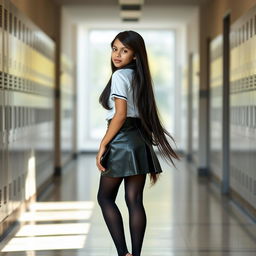 A young Indian girl, aged 15, standing with her back to the viewer, showcasing a fashionable school uniform that includes a leather mini skirt and black tight stockings