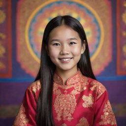 Portrait of a young Asian girl with traditional attire, smiling brightly towards the camera, her dark hair mid-length and shining, all on a vibrant, cultural backdrop.