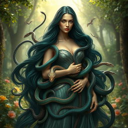 A hyper-realistic fantasy portrayal of a woman surrounded by a multitude of serpents