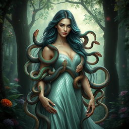 A hyper-realistic fantasy portrayal of a woman surrounded by a multitude of serpents