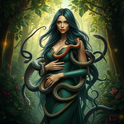 A hyper-realistic fantasy portrayal of a woman surrounded by a multitude of serpents