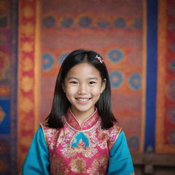 Portrait of a young Asian girl with traditional attire, smiling brightly towards the camera, her dark hair mid-length and shining, all on a vibrant, cultural backdrop.