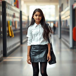 A young Indian girl, aged 15, captured from the front, wearing a trendy school uniform that features a stylish leather mini skirt paired with a classic white blouse