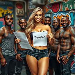 A sexy white woman with an alluring figure and prominent features, confidently holding a form titled 'Transfer'