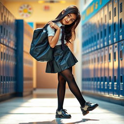 A young Indian girl, aged 15, in a school uniform featuring a stylish leather mini skirt, black tight stockings, and classic school shoes