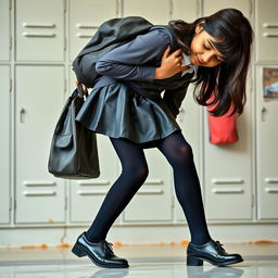 A full-body portrait of a young Indian girl in a school uniform, featuring a stylish leather mini skirt and fitted black tights