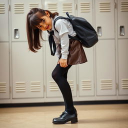 A full-body portrait of a young Indian girl in a school uniform, featuring a stylish leather mini skirt and fitted black tights