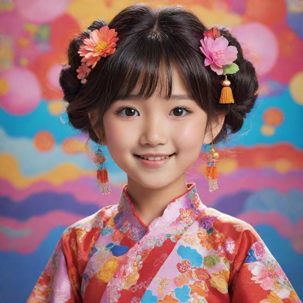 Animated depiction of an adorable and cheerful Asian girl adorned in colorful, detailed traditional attire with her hair elegantly styled, standing against an vibrant anime-style backdrop.