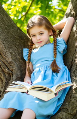 A young girl lying against a tree during the day, reading books