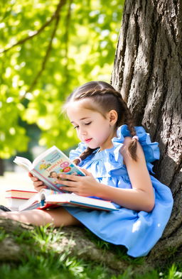 A young girl lying against a tree during the day, reading books