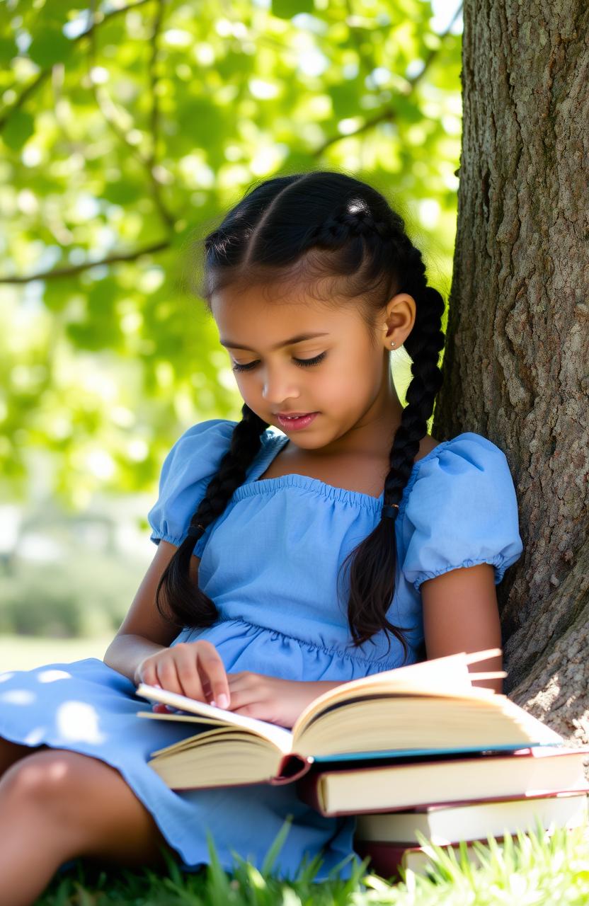 A young girl lying against a tree during the day, reading books