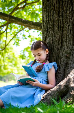 A young girl lying against a tree during the day, reading books