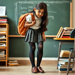 A young Indian teenage girl in a school setting, wearing a short pleated micro skirt, black tight stockings, a school bag slung over her shoulder, and polished school shoes