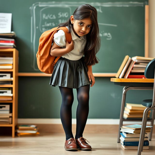 A young Indian teenage girl in a school setting, wearing a short pleated micro skirt, black tight stockings, a school bag slung over her shoulder, and polished school shoes