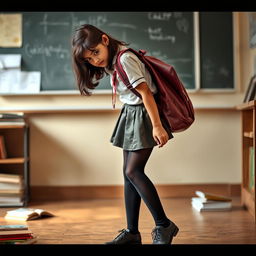 A young Indian teenage girl in a school setting, wearing a short pleated micro skirt, black tight stockings, a school bag slung over her shoulder, and polished school shoes