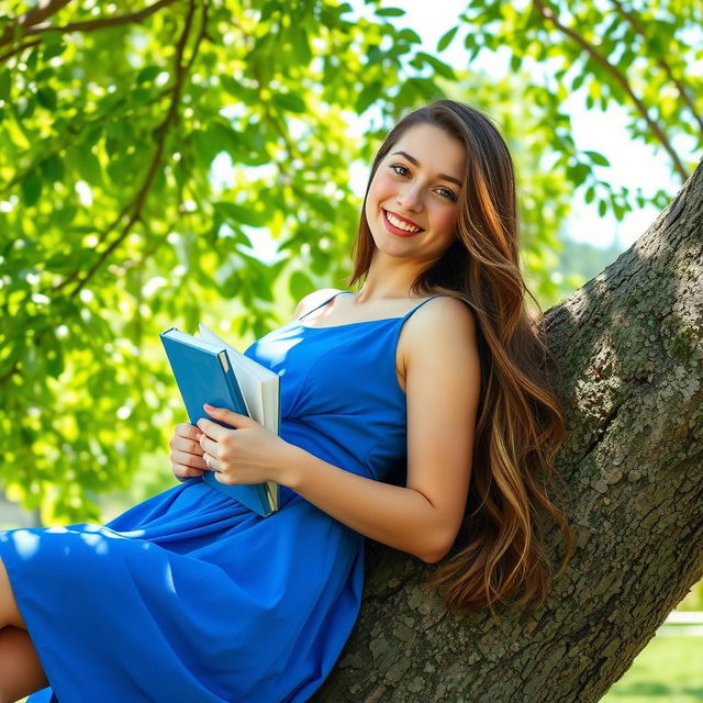 A young woman, 18 years old, lying against a tree during the day, holding some books