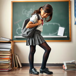 A young Indian teenage girl in a school setting, wearing a short pleated micro skirt, black tight stockings, a school bag slung over her shoulder, and polished school shoes