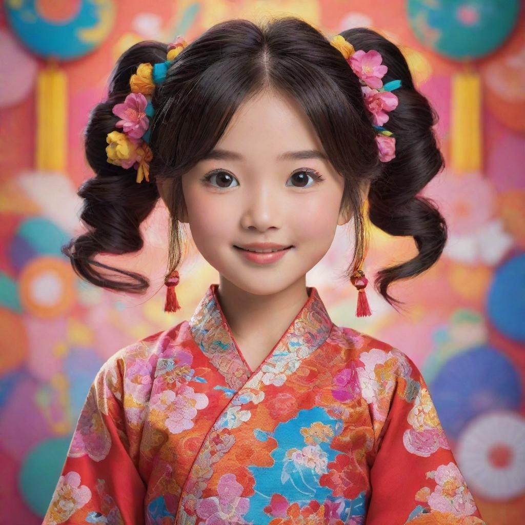 Animated depiction of an adorable and cheerful Asian girl adorned in colorful, detailed traditional attire with her hair elegantly styled, standing against an vibrant anime-style backdrop.