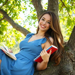 A young woman, 18 years old, lying against a tree during the day, holding some books