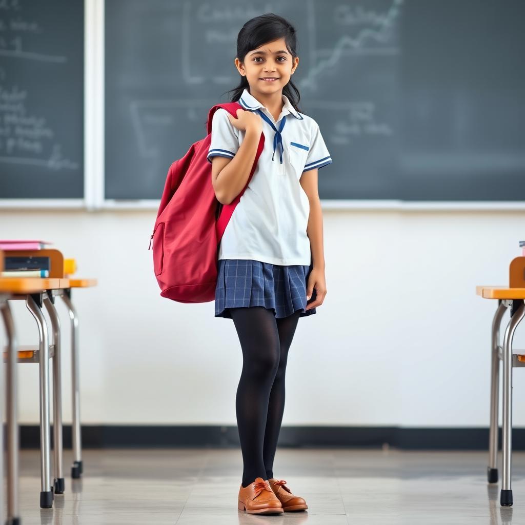 A young Indian teenage girl in a school uniform, wearing black tight stockings, a school bag slung over her shoulder, and polished school shoes