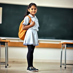 A young Indian teenage girl in a school uniform, wearing black tight stockings, a school bag slung over her shoulder, and polished school shoes