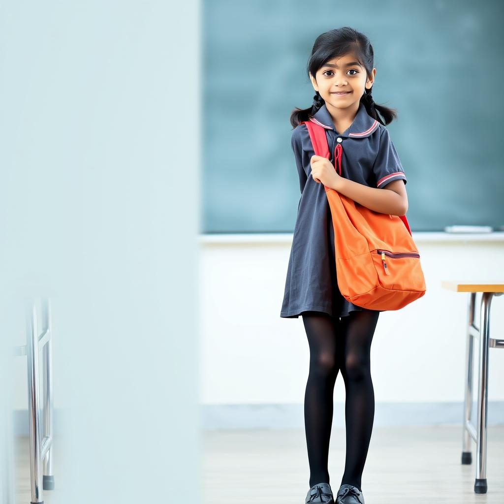 A young Indian teenage girl in a school uniform, wearing black tight stockings, a school bag slung over her shoulder, and polished school shoes