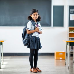 A young Indian teenage girl in a school uniform, wearing black tight stockings, a school bag slung over her shoulder, and polished school shoes