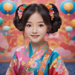 Animated depiction of an adorable and cheerful Asian girl adorned in colorful, detailed traditional attire with her hair elegantly styled, standing against an vibrant anime-style backdrop.