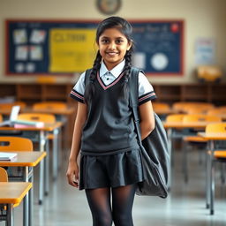 A young Indian teenage girl in a school uniform, wearing black tight stockings