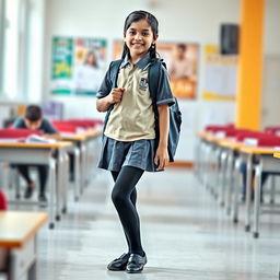 A young Indian teenage girl in a school uniform, wearing black tight stockings