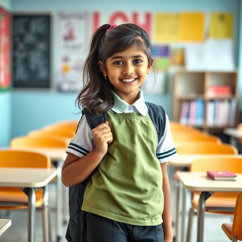 A young Indian teenage girl in a school uniform, wearing black tight stockings