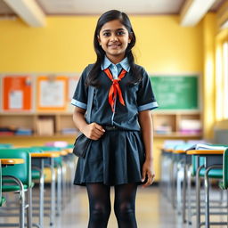 A young Indian teenage girl in a school uniform, wearing black tight stockings