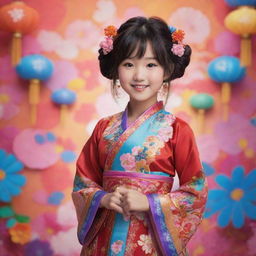 Animated depiction of an adorable and cheerful Asian girl adorned in colorful, detailed traditional attire with her hair elegantly styled, standing against an vibrant anime-style backdrop.