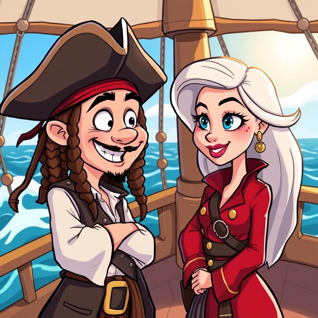 A colorful cartoon illustration featuring two characters in a lively conversation