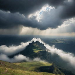 A grand display of divine power. A surreal landscape with shining light breaking through the clouds, casting beautiful shadows over a pristine, breathtaking landscape.