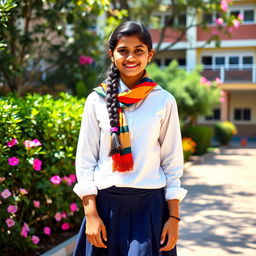 A vibrant scene featuring an Indian teenage girl wearing a traditional school uniform, which includes a crisp white blouse and a knee-length navy blue skirt, complemented by a colorful scarf