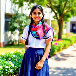 A vibrant scene featuring an Indian teenage girl wearing a traditional school uniform, which includes a crisp white blouse and a knee-length navy blue skirt, complemented by a colorful scarf