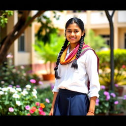 A vibrant scene featuring an Indian teenage girl wearing a traditional school uniform, which includes a crisp white blouse and a knee-length navy blue skirt, complemented by a colorful scarf