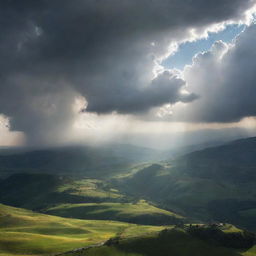 A grand display of divine power. A surreal landscape with shining light breaking through the clouds, casting beautiful shadows over a pristine, breathtaking landscape.